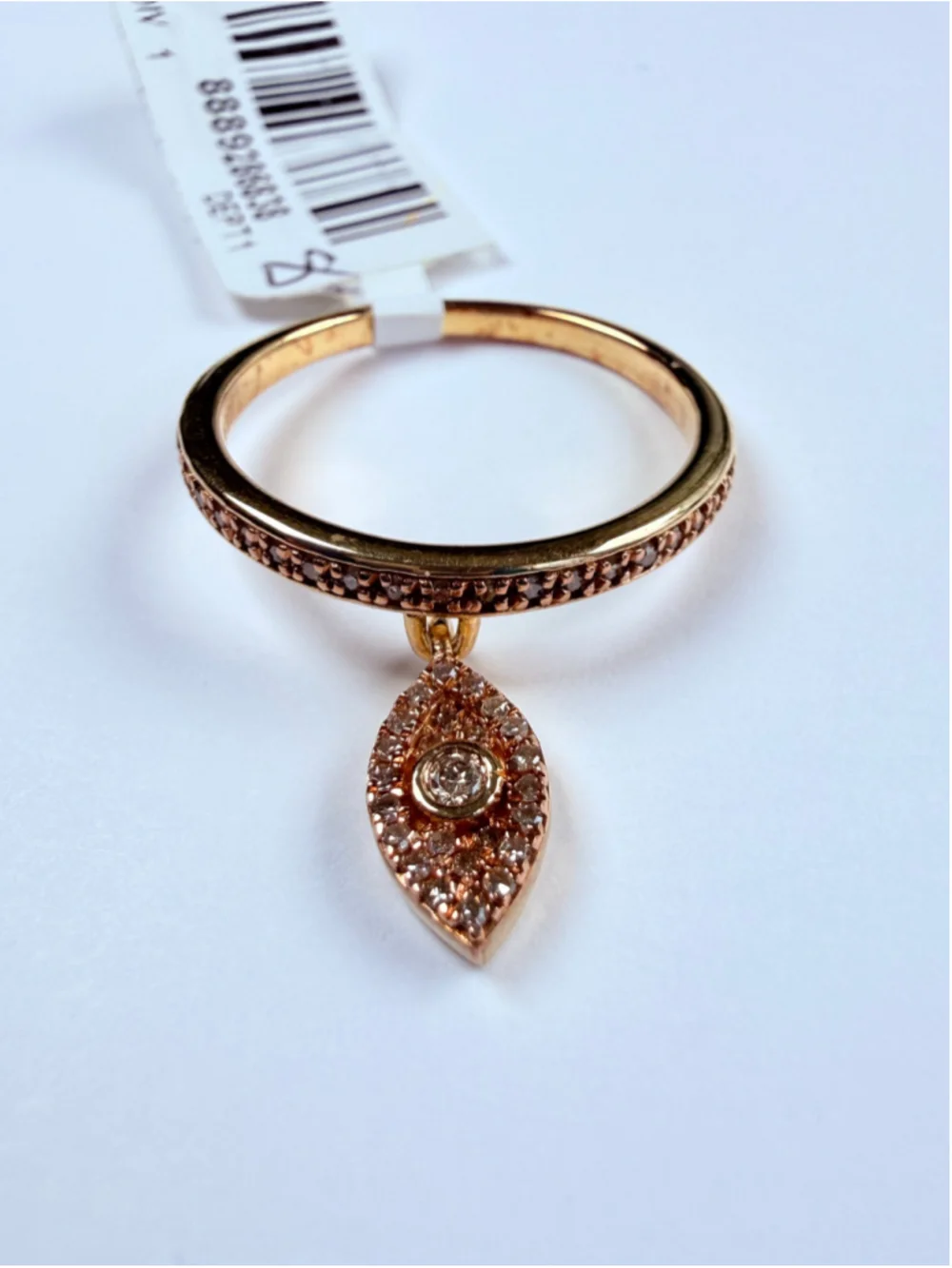 Gold Vermeil Evil Eye Champagne Diamond Sterling Silver Charm Dangle Ring NWT